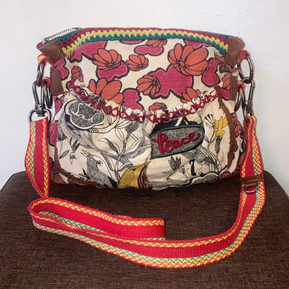 Sakroots Red, Orange, Black & Off White BOHO Floral Hippy Peace Crossbody Purse